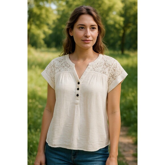 Frye Womans Boho Crochet Lace Gauze Top Peasant Cottagecore Feminine Romantic XL - Picture 2 of 8